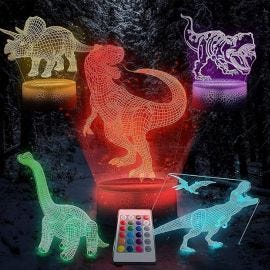 Lampara de Juguete con Ilusión 3D Luz Nocturna de Dinosaurio 5 Patrones C. Remoto Cambia 16 Colores