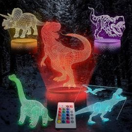 LAMPARA DE JUGUETE CON ILUSION 3D LUZ NOCTURNA DE DINOSAURIO 5 PATRONES C. REMOTO CAMBIA 16 COLORES