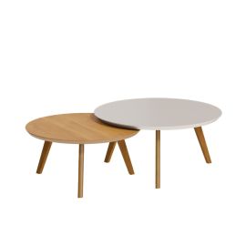 CONJUNTO DE MESA CENTRAL CLÁSICA REDONDA COLOR BLANCO OPACO/MADERA NATURAL 60233