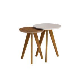 CONJUNTO DE MESA LATERAL CLASICA REDONDA COLOR BLANCO OPACO CON PATAS DE MADERA FREIJO 60475