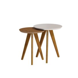 CONJUNTO DE MESA LATERAL CLÁSICA REDONDA BLANCO OPACO CON PATAS DE MADERA FREIJO 60475