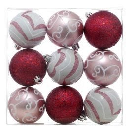 JUEGO 9 ESFERAS ROSA/BLANCO 6CM  CAJA PVC