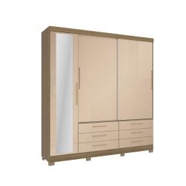Ropero de 3 puertas y 6 gavetas con espejo color nogal 